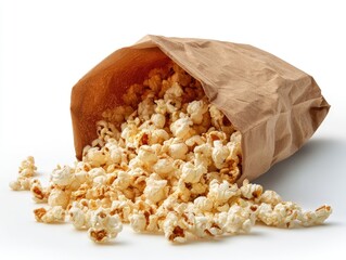 Popcorn spills from a brown paper bag