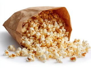 Popcorn spills from a brown paper bag onto a white background