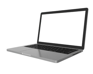 Silver laptop with white blank screen on transparent background