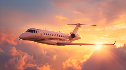 Fototapeta premium A private jet soaring through a vibrant sunset sky with fluffy clouds and golden light reflections