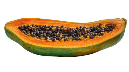 Ripe Orange Papaya Halved Showing Black Seeds Against Black Background
