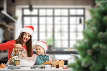 happy Mother and daughter preparing tasty Christmas food