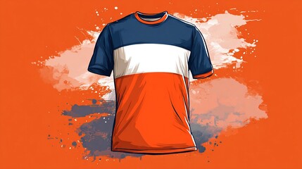 A digitally illustrated short-sleeved t-shirt featuring a tricolor design of navy blue, white, and vibrant orange horizontal stripes, set against a textured burnt orange 