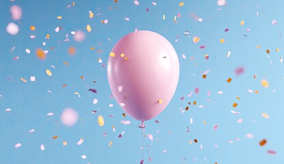 Pink balloon surrounded by confetti on pastel blue background