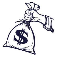 Vector art of a hand holding a money bag with a dollar sign concept for wealth, finance, investment, saving, earning, cash, income, and financial security