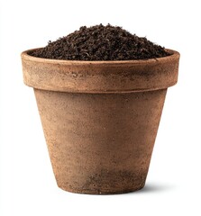 Earthenware pot filled with dark soil.  A rustic terracotta pot,  with a slightly tapered shape,  holds a generous pile of dark brown potting mix.  Isolated on a white background