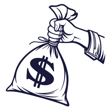 Vector art of a hand holding a money bag with a dollar sign concept for wealth, finance, investment, saving, earning, cash, income, and financial security