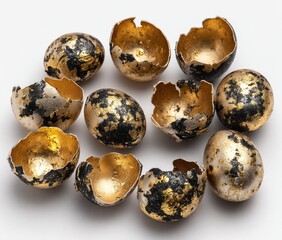 Gold and black speckled, cracked egg shells