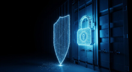   A powerful, conceptual image of a strong, glowing, digital lock on a shipping container on the right. The left side is a dark, clean space with a subtle, protective shield of light coming from the l
