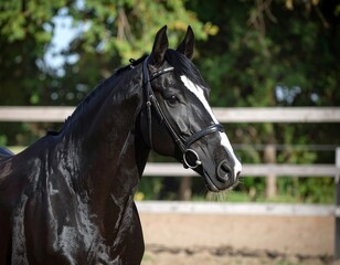 Black horse with white markings in outdoor setting