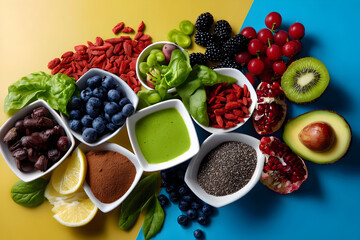 Colorful Healthy Eating Spread Featuring Fresh Fruits, Vegetables, Nuts, Seeds, and Superfoods for Nutritional Balance and Weight Loss
