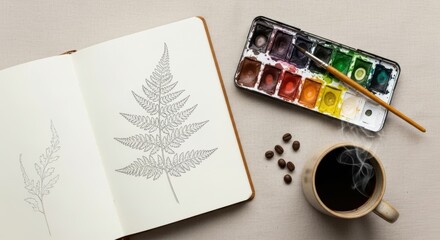 Naklejka premium Sketchbook with fern drawing, watercolor set, coffee and coffee beans