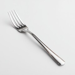 A stainless steel dinner fork lies on a light gray surface.  Its tines are facing upward.  The fork's handle is slightly curved