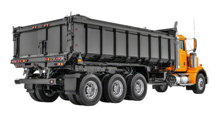 Multi-axle dump truck with extended rear suspension system isolated on a Transparent background, PNG file.