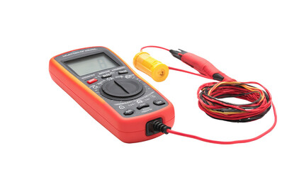 Multimeter with integrated flashlight and test lead storage isolated on a Transparent background, PNG file.