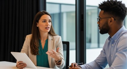 Business meeting with diverse professionals discussing ideas in modern office setting using digital tablet for collaboration and strategy