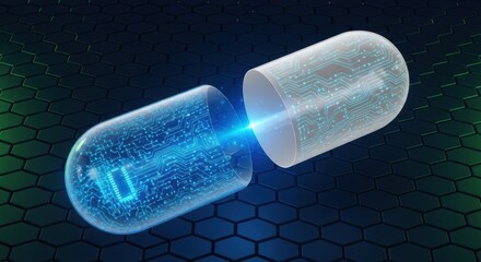 Digital capsule innovation technology concept futuristic medicine pill encapsulation circuit board pattern glowing blue light on dark hexagonal background