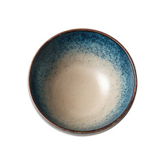 A small, round bowl with an ombre glaze transitioning from a deep teal blue to a light beige