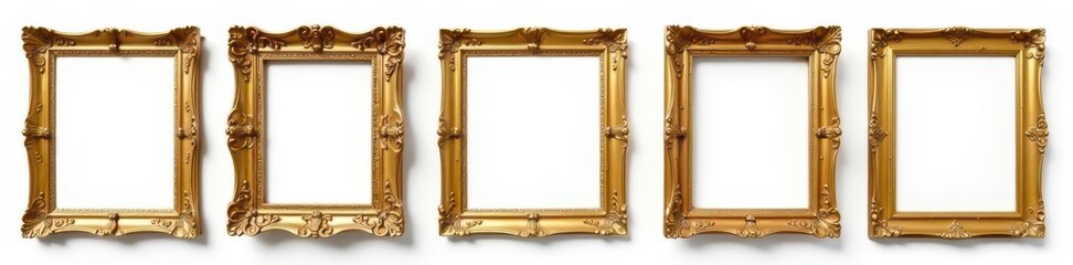 A cluster of exquisite golden frames, isolated on white, retro, illustration, antique