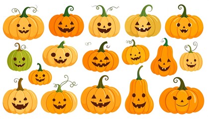 Naklejka premium A collection of various jack-o'-lantern pumpkins in different sizes and colors, showcased against a plain white background.