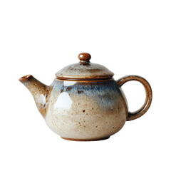 Small, round teapot with speckled, brown and beige glaze, featuring a small lid and curved handle