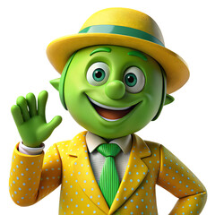 A cheerful 3D green goblin in a yellow polka dot suit waves, on a transparent PNG.