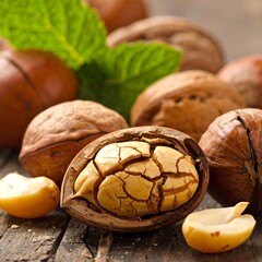 Close-up of shelled nuts with green leaves