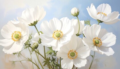 A bouquet of vibrant, white flowers, detailed with delicate yellow centers, fills the image, bathed in soft sunlight against a pale blue sky.
