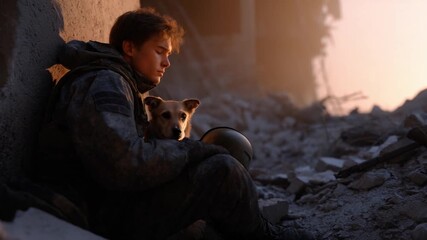 A touching moment captured in a desolate landscape. A boy and his dog remind us of love and resilience. This video is perfect for inspiring content and heartfelt stories. AI