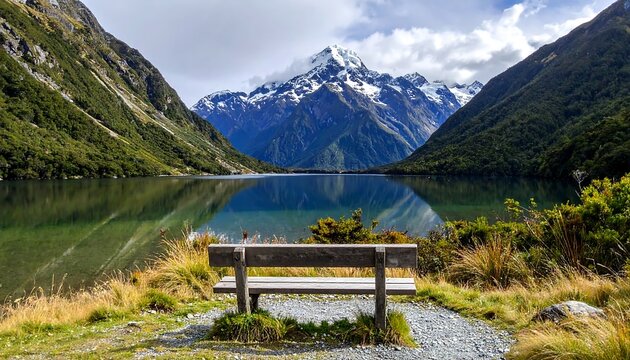 Mountain lake scene with bench - Powered by Adobe