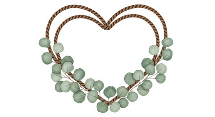 Isolated heart-shaped wreath with eucalyptus leaves and braided twigs, vintage style
