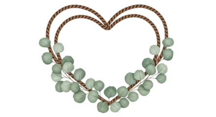 Isolated heart-shaped wreath with eucalyptus leaves and braided twigs, vintage style