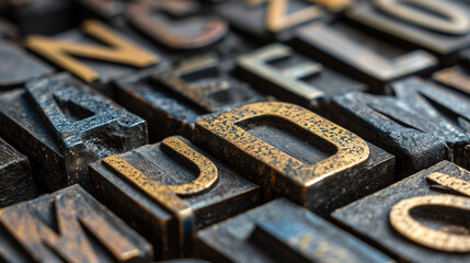 A close up of a collection of old fashioned metal letters