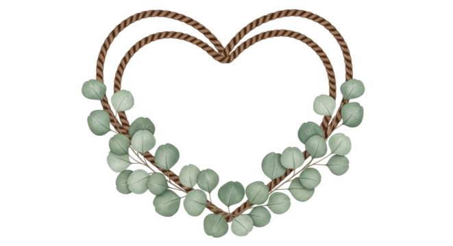Isolated heart-shaped wreath with eucalyptus leaves and braided twigs, vintage style