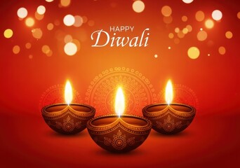 Happy Diwali greeting with three lit diyas and red bokeh festival celebration