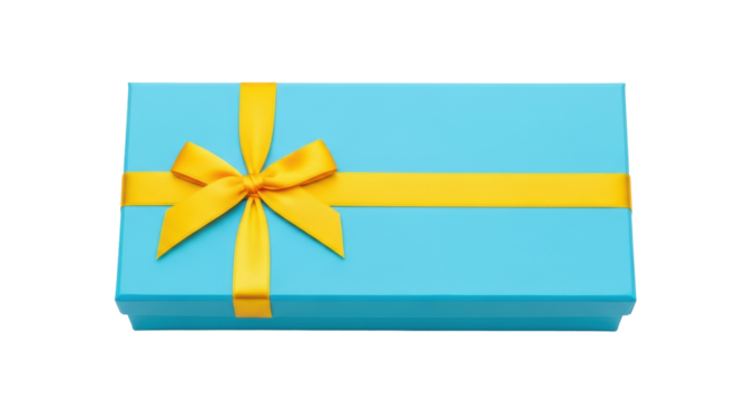 Isolated turquoise gift box with yellow ribbon, tied in a bow, presents for holidays