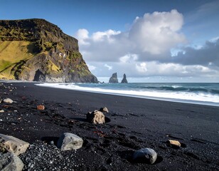 Black sand beach with dramatic cliffs