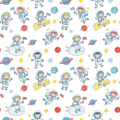 seamless pattern with cute astronaut children book style