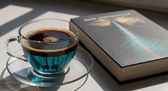 A cup of coffee and a book on a bright morning, creating a cozy and intellectual atmosphere