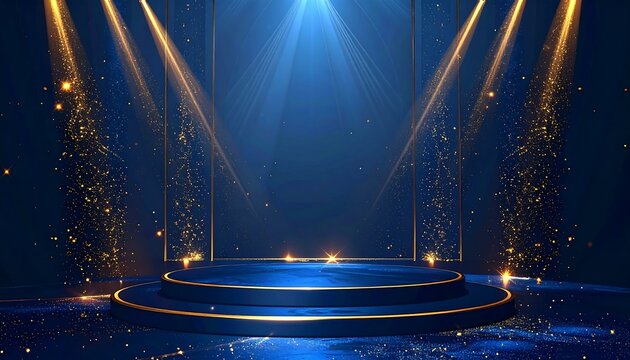 Dark blue stage with golden spotlights