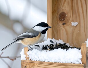 Black-capped chickadee at a bird feeder in the snow
