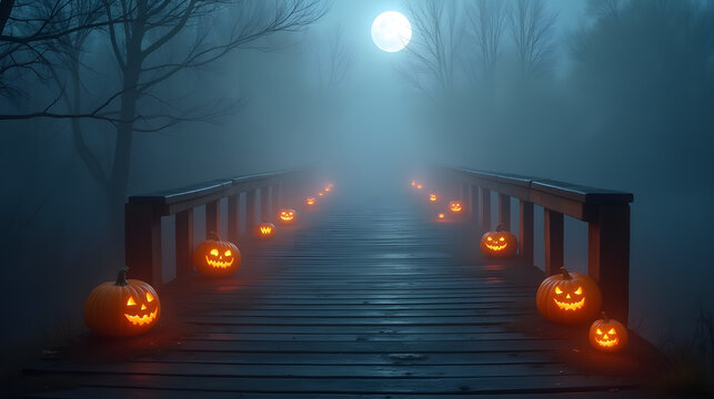 Fog rolling across a wooden bridge lit by glowing pumpkins