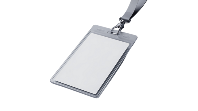 lank ID Card Mockup with Black Lanyard Isolated on Transparent Background.