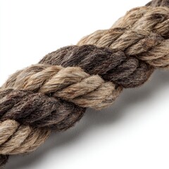Close-up of a twisted rope, featuring a mix of light and dark brown tones.  The rope's texture is visible