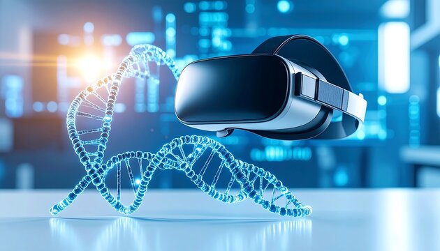 VR headset and DNA model in a laboratory setting