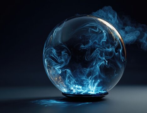 A translucent sphere, filled with swirling, blue smoke