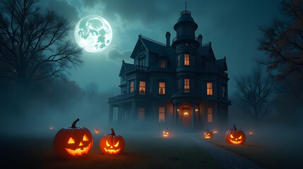 Haunted Victorian mansion under a full moon surrounded by swirling fog and glowing pumpkins