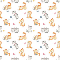 seamless pattern with cute cat illustration children book style