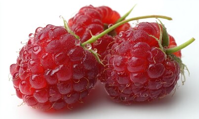 Close-up of three fresh raspberries.  Bright red, juicy berries with visible small, water droplets clinging to their skin.  Stems and leaves are evident.  Against a plain white background