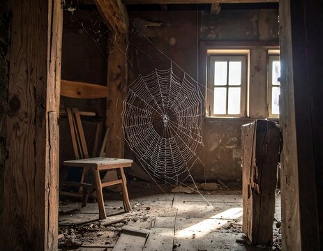 Abandoned attic room with spiderweb